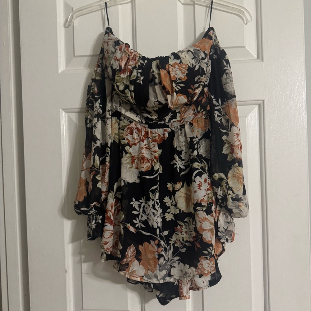 Miss Avenue Floral Off-Shoulder romper - Black, Cream, Tan